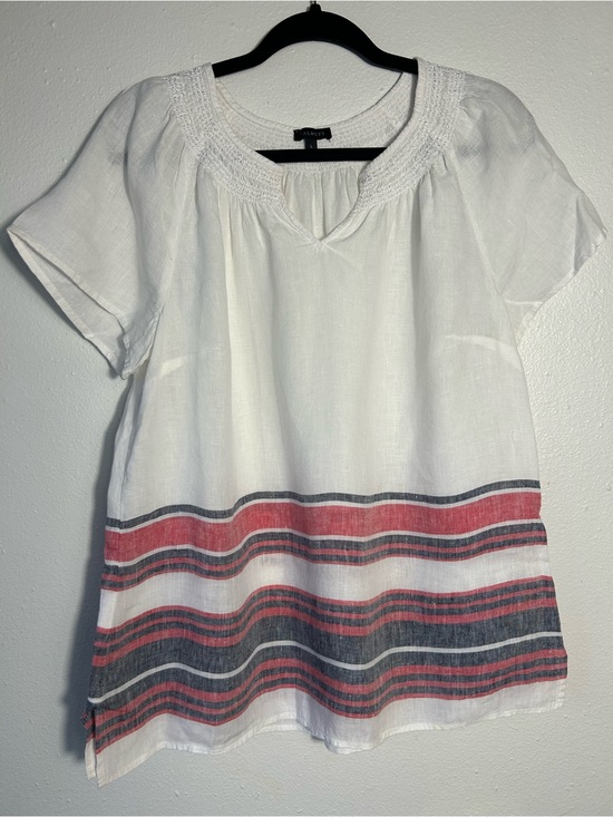 Talbots Tops - Talbots 100% Linen Blouse L Large White Red Blue Striped Border Smocked V-Neck
